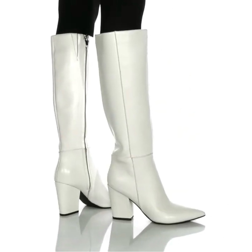 Nine West “Gabal” White Leather Tall Block Heel Pointy Toe Boots Size 7 NEW - Picture 2 of 16